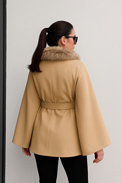 BEGBOR LİNGERİE Women's Fur Collar Poncho with Cashmere Belt – Stylish Winter Model