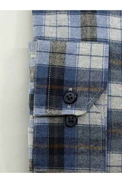 KAMER Regular Fit Winter Long Sleeve Double Pocket Buttoned Collar Plaid Blue Shirt 3880m