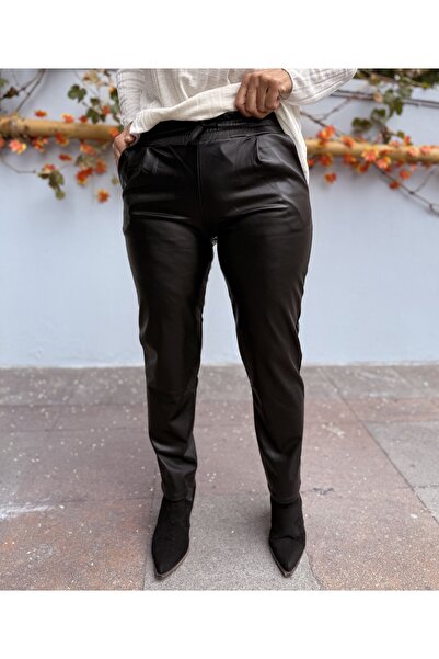 DenizEge Elastic Waist Lace-Up Faux Leather Pants