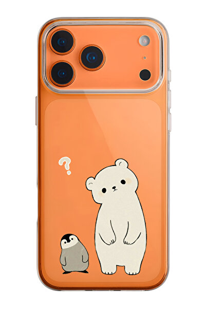 mooodcase iPhone 17 Pro Max Uyumlu Penguen ve Ayıcık Desenli Şeffaf Silikon Telefon Kılıfı