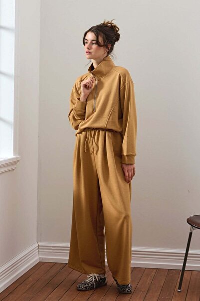Ceylan Otantik Caramel 3 Thread Half Zipper Tracksuit Set