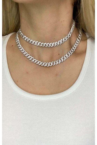 Cuban Cuban Silver Necklace with White Stones