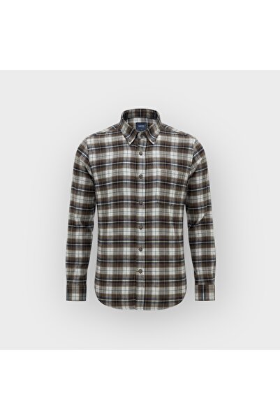 KAMER Regular Fit Winter Long Sleeve Double Pocket Buttoned Collar Plaid Brown Shirt 3880K