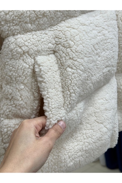 MİHRA STORE Emilie Hooded Zippered Short Plush Coat-Bn8674 Stone