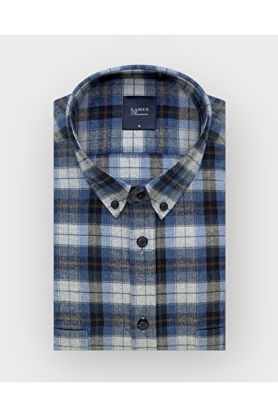 KAMER Regular Fit Winter Long Sleeve Double Pocket Buttoned Collar Plaid Blue Shirt 3880m