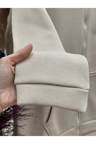 MİHRA STORE Celinda Three-Thread Zippered Hooded Cardigan-Zi̇3055 Stone