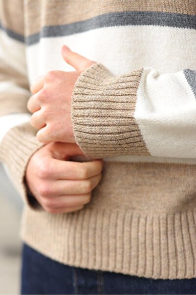 Madmext Mink Striped Crew Neck Knitwear Men's Sweater E7455