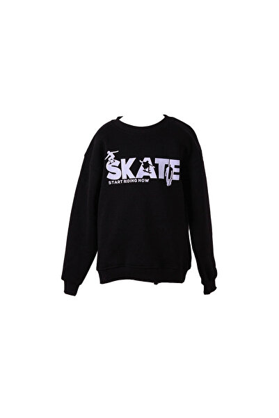 trender Black Boy's Sweatshirt 3 İp Ş Fleece-Lined Skate Print