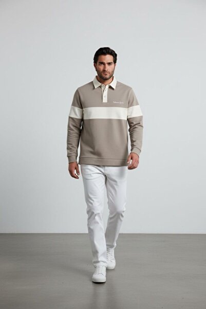 Sarar Φούτερ με κολάρο πόλο με κούμπωμα, μπεζ εκρού