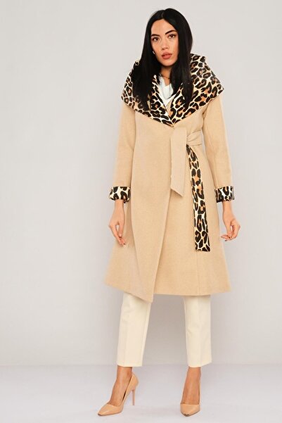 Lila Rose Leopar Astarlı Şık Kaşe Kaban