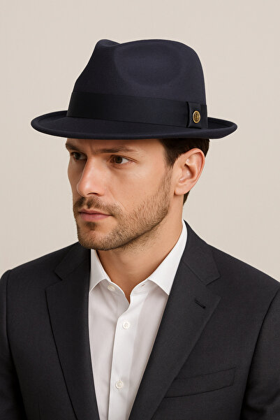 CosmoOutlet Чоловічий синій фетровий капелюх, класична модель зі стрічкою, з регульованим підголовником