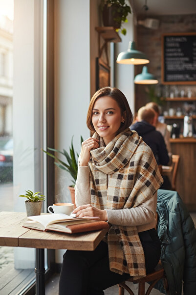 AQUABERRY Μαλακό καρό χειμωνιάτικο κασκόλ Premium - Καφέ