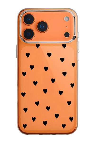 mooodcase iPhone 17 Pro Uyumlu Siyah Kalpler Desenli Şeffaf Silikon Telefon Kılıfı