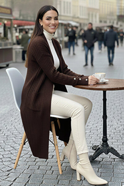 benguen Corded Fabric Knitwear Cardigan with Handle Buttons R7146 Brown