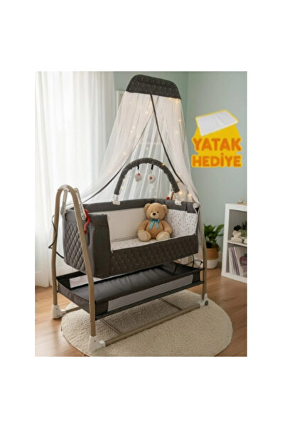 babydoor Poly Keten Fileli Silinebilir Portatif Sallanır Anne Yanı Beşik Katlanır Sabitlenir-Yatak Hediyeli
