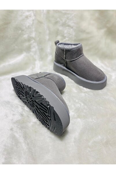 croshetherapy Kadın GRİ Süet Içi Kürklü Yünlü Kalın Tabanlı Yüksek Topuklu Ta...