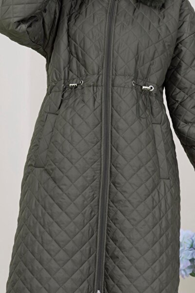 Sevitli Capitone Coat with Fur Collar-Khaki