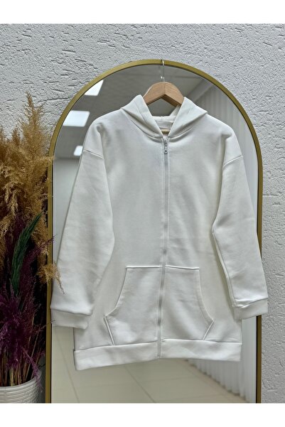 MİHRA STORE Celinda Three Thread Zippered Hooded Cardigan-Zi̇3055 White