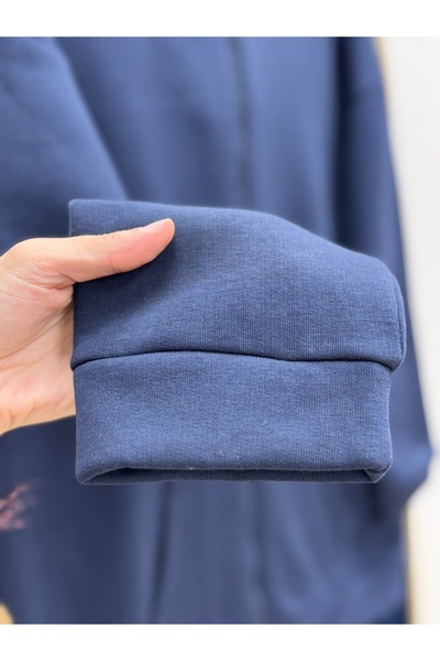 MİHRA STORE Celinda Three Thread Zippered Hooded Cardigan-Zi̇3055 Navy Blue