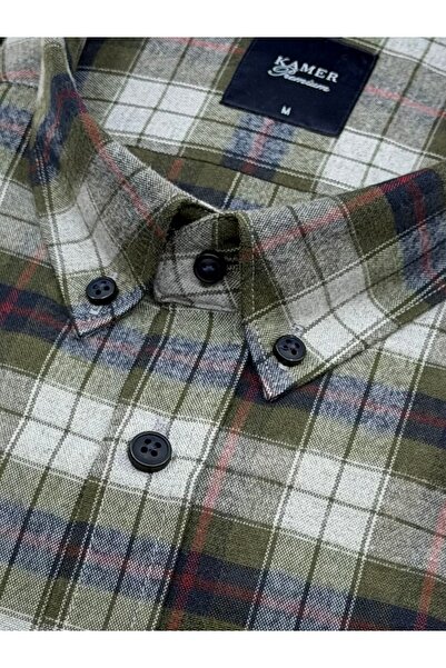 KAMER Regular Fit Winter Long Sleeve Double Pocket Buttoned Collar Plaid Green Shirt 3880Y