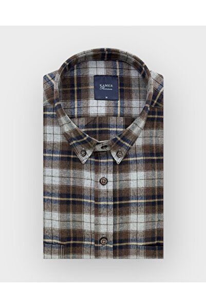 KAMER Regular Fit Winter Long Sleeve Double Pocket Buttoned Collar Plaid Brown Shirt 3880K
