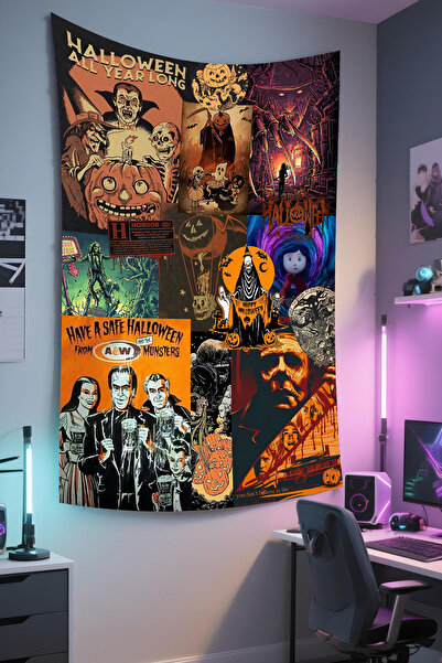 RUGRUMBA غطاء جداري للهالوين - بتصميم للاعبين، قماش عالي الجودة، سجادة جدارية