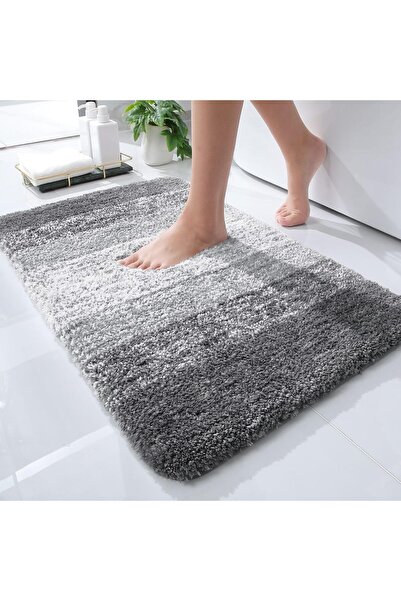 Faria Bath Mat, Extra Fluffy Absorbent, 61x120cm, Microfiber Non-Slip Base, Machine Washable, Gray