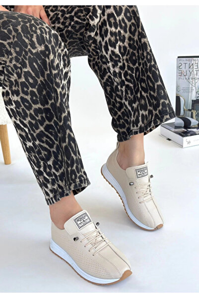 ZENGEZUR MALL Mtxdpn Fiert Beige Leather Lace-Up Sneakers (164454) (Size: 37)