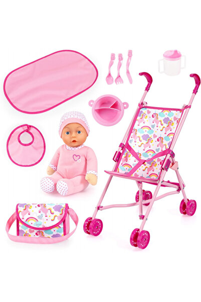 Bayer Set carucior pentru papusi cu accesorii hranire,gentuta si papusa incluse Buggy Set Unicorn
