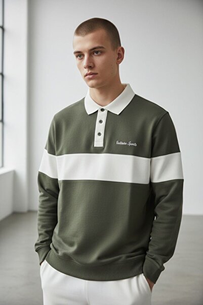 Sarar Interview Snap Polo Collar Combination Khaki Ecru Sweatshirt