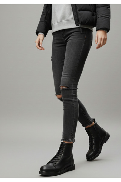 Wavelys Γυναικείες μαύρες αθλητικές μπότες από γνήσιο δέρμα με κορδόνια