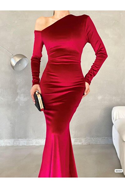 Modafeminen Off-The-Shoulder Maxi Length Velvet Fabric Evening Dress Red 582009
