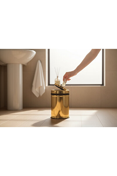 İSAOĞLU YAPI Gold Rotating Lid Trash Can 8 Liter Volume Practical Lid Steel Material