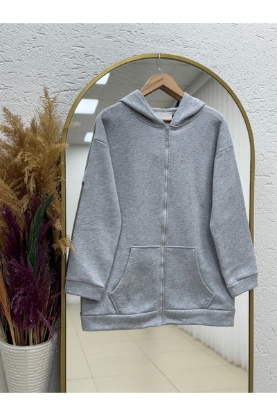 MİHRA STORE Celinda Three Thread Zippered Hooded Cardigan-Zi̇3055 Gray