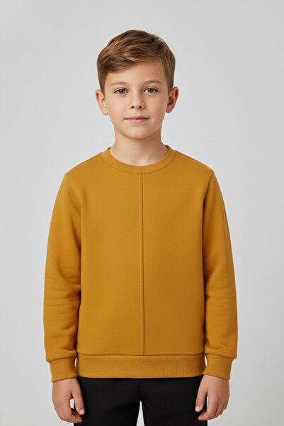 LUESS سويت شيرت للأطفال من الجنسين بتفاصيل خياطة وثلاثة خيوط بلون الخردل، منا...
