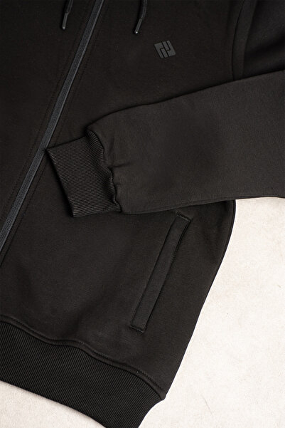 grand coco Men's 3 Thread Ş Fleece-Lined Fabric Black K Hooded Jacket