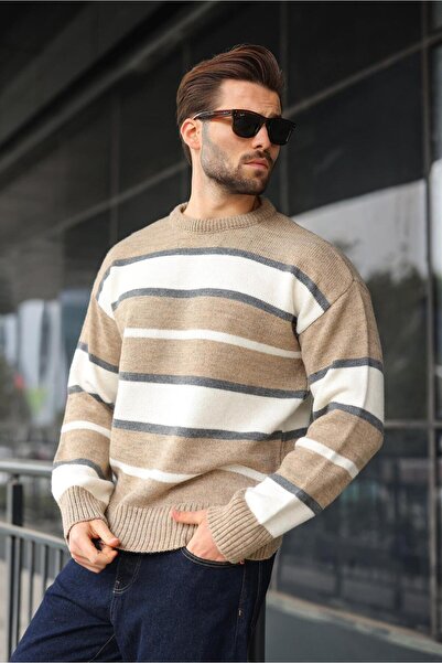 Madmext Mink Striped Crew Neck Knitwear Men's Sweater E7455