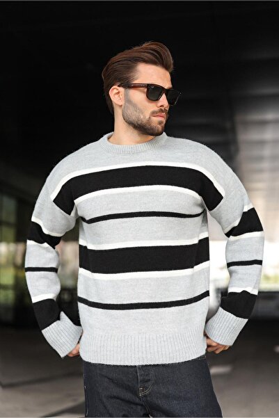 Madmext Gray Striped Crew Neck Knitwear Men's Sweater E7455