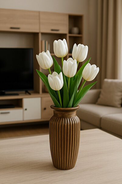 PAPİSAHOME Ahşap İskandinav Tarzı Ahşap Rengi Bohem Seramik 20 Cm Çizgili Vazo Trend