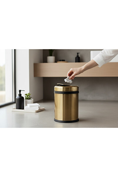 İSAOĞLU YAPI Antique Gold Rotating Lid Trash Can Practical Lid Antique Gold Bucket