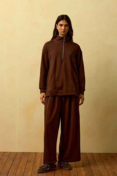 Ceylan Otantik Acı Kahve 3 Thread Half-Zip Tracksuit Set