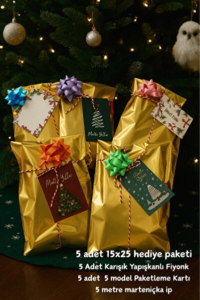 Emtory Home Gold Paketleme Seti | Fiyonklu Kartlı 15x25 Hediye Poşeti - Yılba...