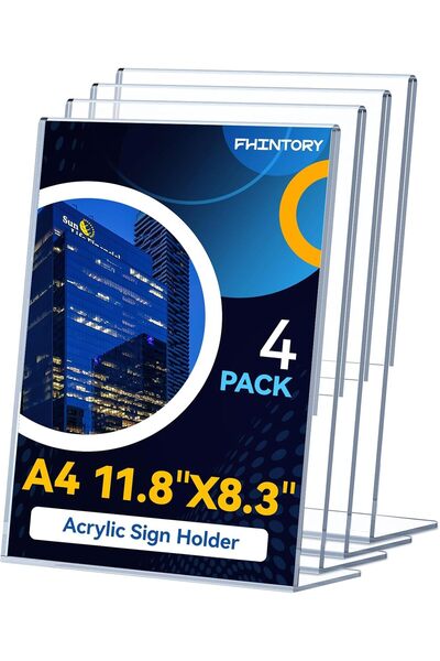 Slasa A4 Acrylic L-Shape Desktop Display Stand 4 Pack Transparent Restaurant Use