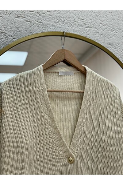MİHRA STORE Fhina Corded Fabric 4 Gold Button Cardigan-Zi̇6202 Stone