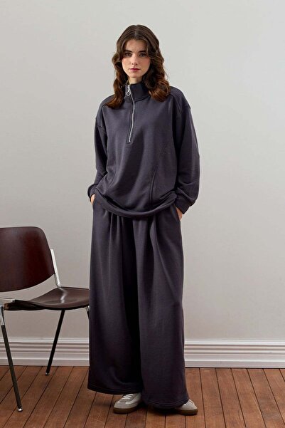 Ceylan Otantik Anthracite 3 Thread Half Zipper Tracksuit Set