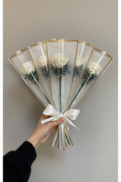 Buketim Seninle 5 قطع من الورد الأبيض الفردي الذي لا يتلاشى، هدية