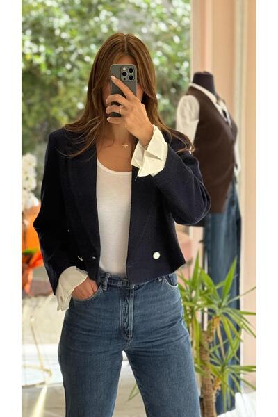 HANER BUTİK Navy Blue Cuff Sleeve Tweed Jacket