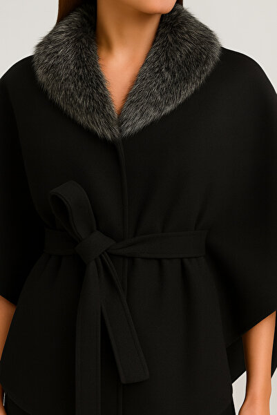 Ramior Women's Fur Collar Poncho with Cashmere Belt – Stylish Winter Model