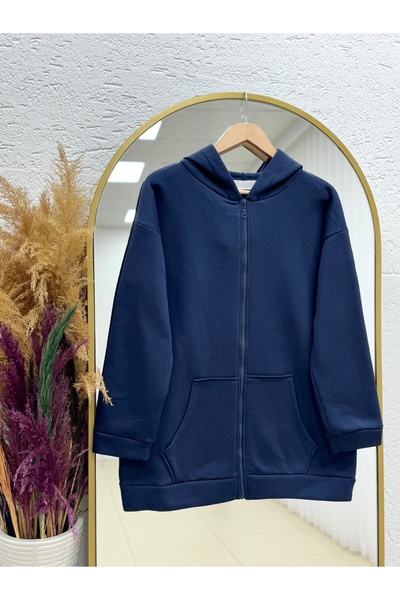 MİHRA STORE Celinda Three Thread Zippered Hooded Cardigan-Zi̇3055 Navy Blue