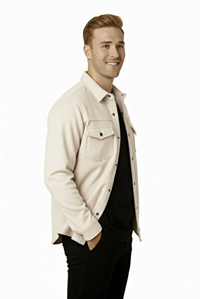 DeepSEA Men's Cream Wrinkle-Free Suede Fabric Slim Fit Seasonal Shirt with Snap Pocket 2302329